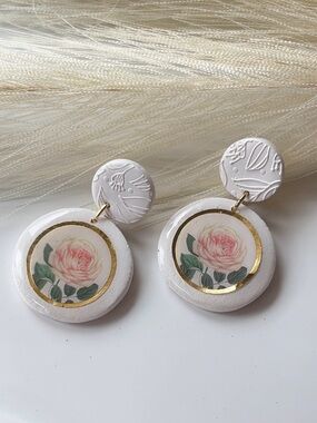 Handcrafted White & Pink Rose Drop Earrings